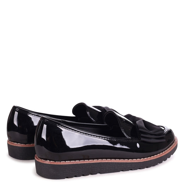Linzi Black Patent Classic Slip On Loafer With Fabric Bow Detail