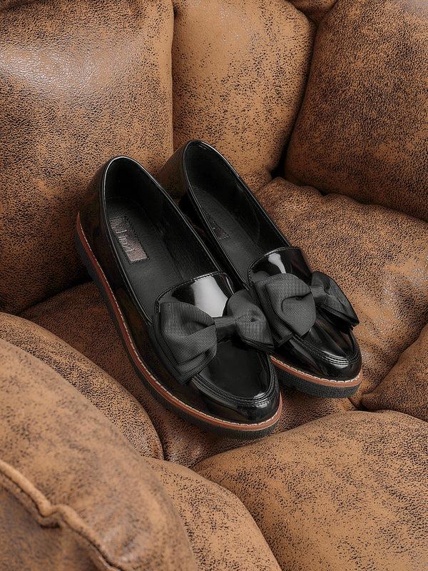 linzi Black Patent Classic Slip On Loafer With Fabric Bow Detail