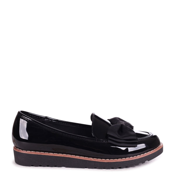 Linzi Black Patent Classic Slip On Loafer With Fabric Bow Detail