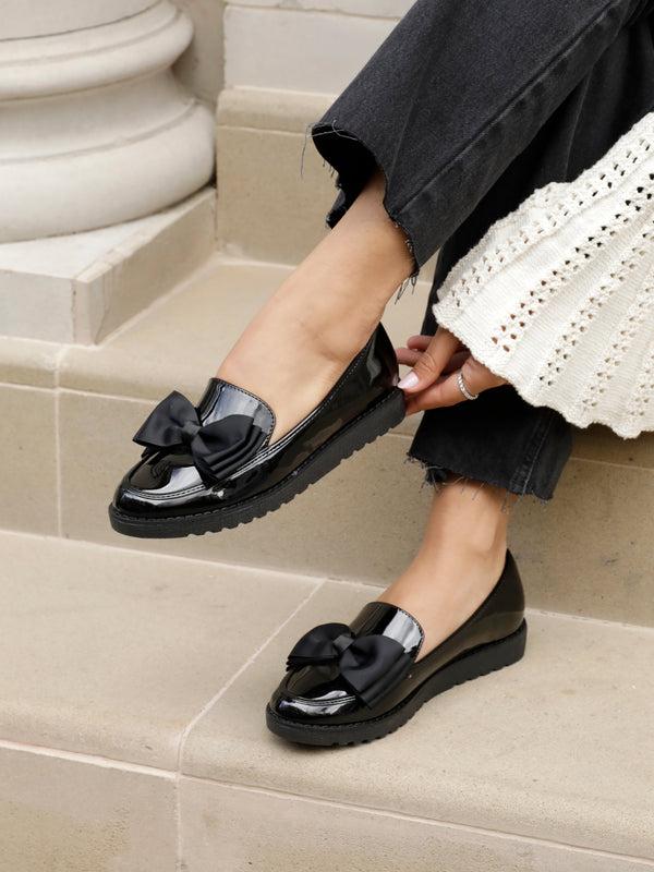 linzi Black Patent Classic Slip On Loafer With Fabric Bow Detail