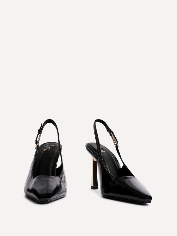 Linzi Black Patent Court Heel With Gold Heel Detail
