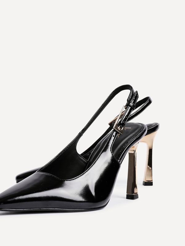 Linzi Black Patent Court Heel With Gold Heel Detail