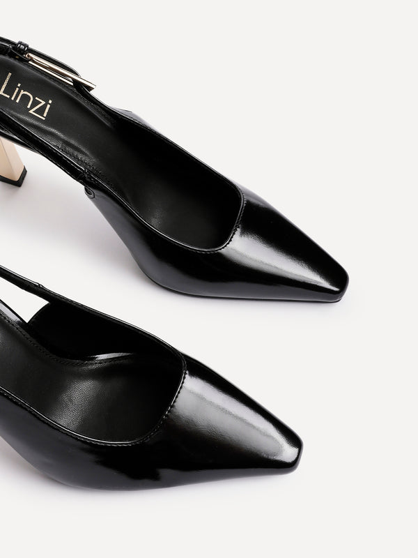 Linzi Black Patent Court Heel With Gold Heel Detail