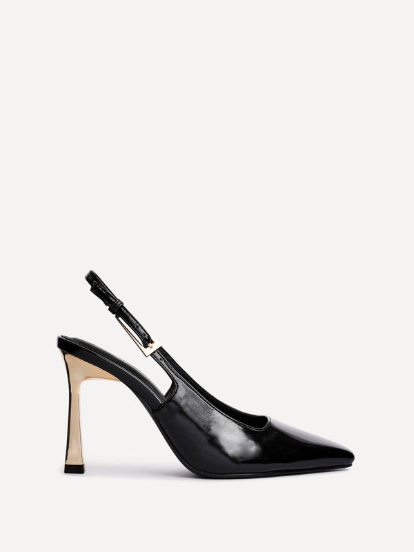 linzi Black Patent Court Heel With Gold Heel Detail