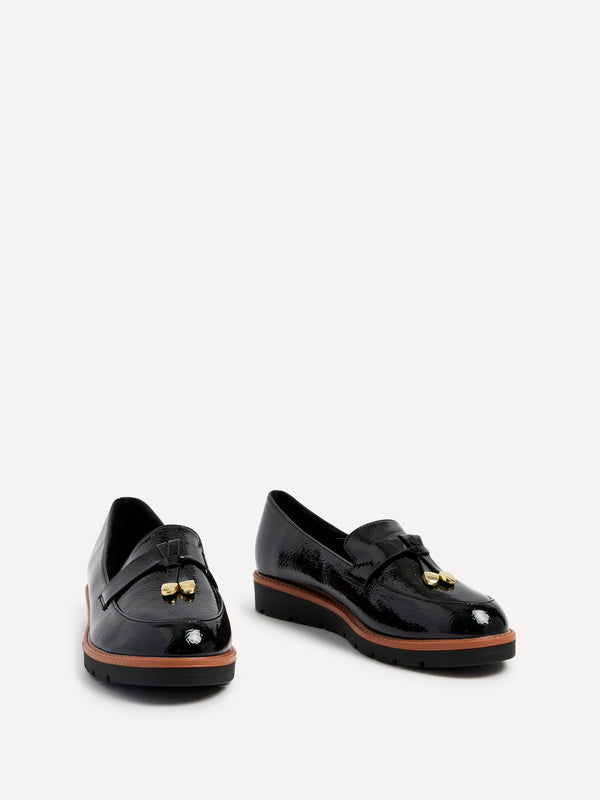 Linzi Black Patent Faux Leather Loafer With Brown Rand