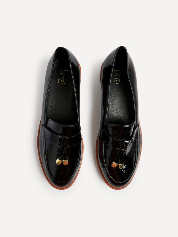Linzi Black Patent Faux Leather Loafer With Brown Rand