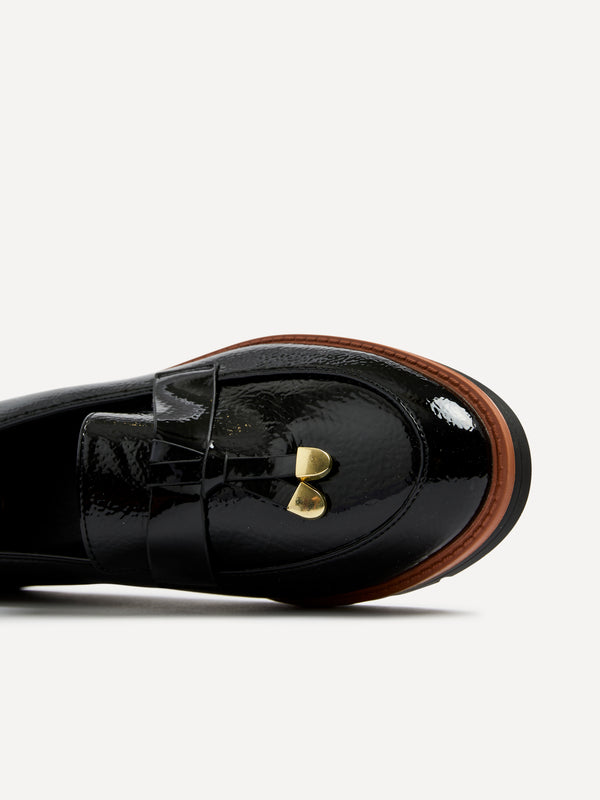 Linzi Black Patent Faux Leather Loafer With Brown Rand