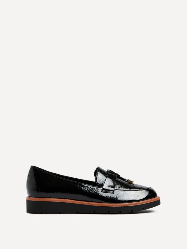 linzi Black Patent Faux Leather Loafer With Brown Rand