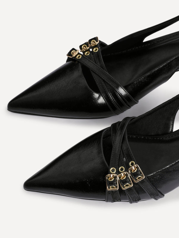 Linzi Black Patent Kitten Court Heels With Buckle Detail