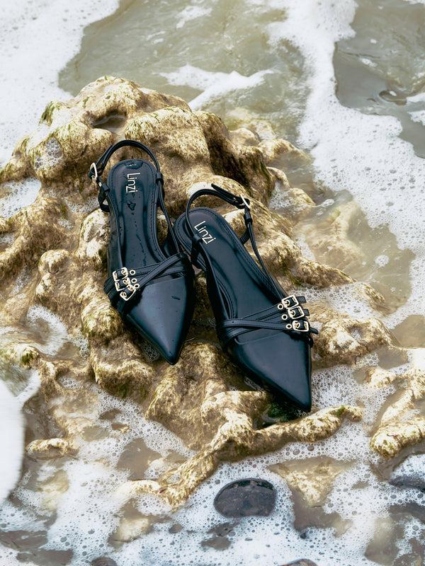linzi Black Patent Kitten Court Heels With Buckle Detail