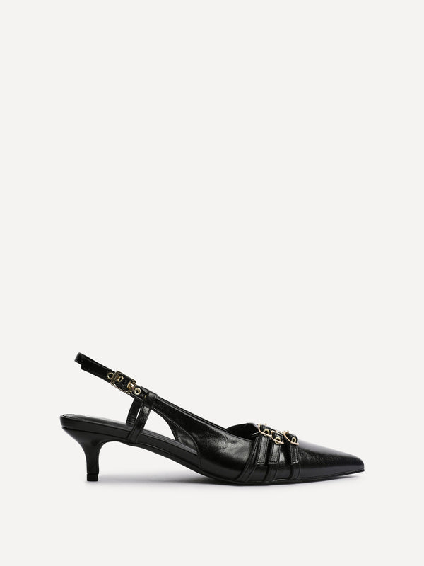 Linzi Black Patent Kitten Court Heels With Buckle Detail