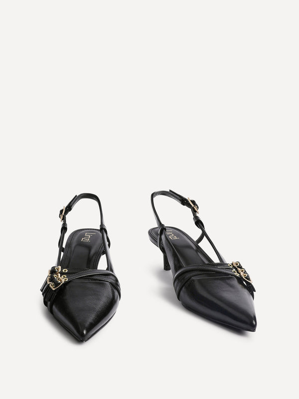 Linzi Black Patent Kitten Court Heels With Buckle Detail