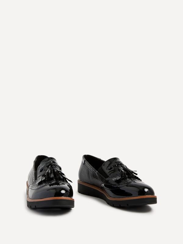 Linzi Black Patent & Lizard Faux Leather Loafer With Tassel Detail