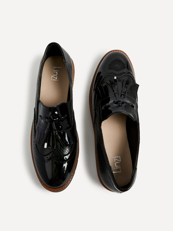 Linzi Black Patent & Lizard Faux Leather Loafer With Tassel Detail