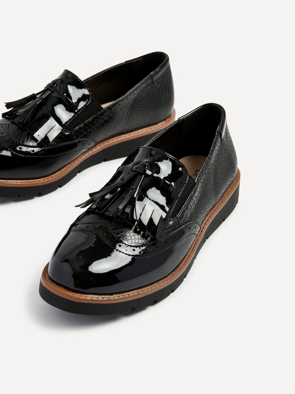 Linzi Black Patent & Lizard Faux Leather Loafer With Tassel Detail