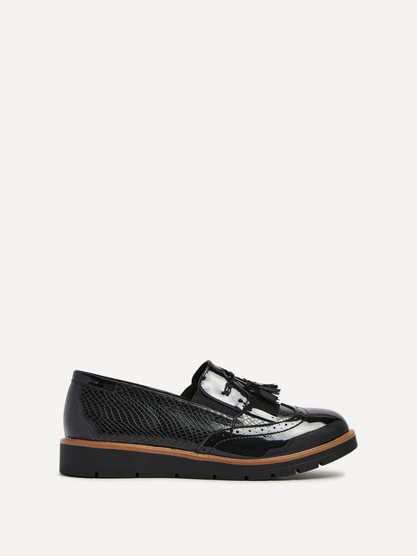 linzi Black Patent & Lizard Faux Leather Loafer With Tassel Detail