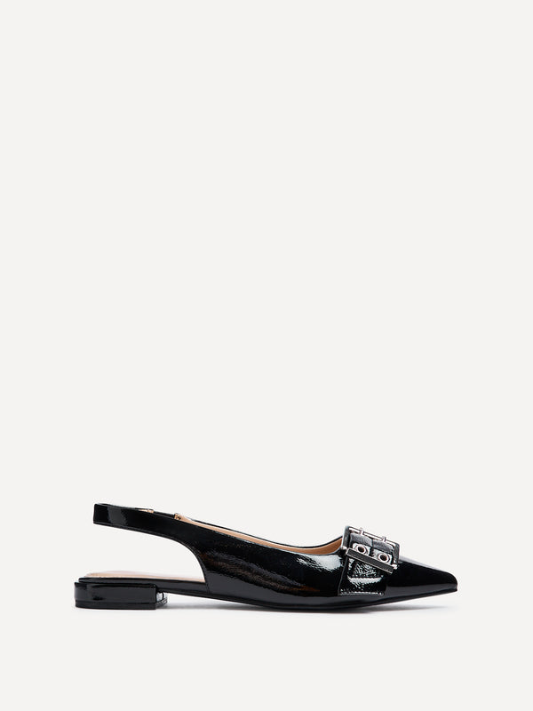 Linzi Black Patent Pointed Flat Shoes With Buckle Detail