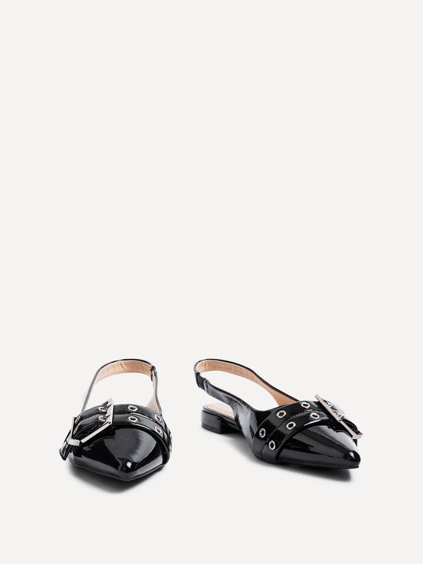 Linzi Black Patent Pointed Flat Shoes With Buckle Detail