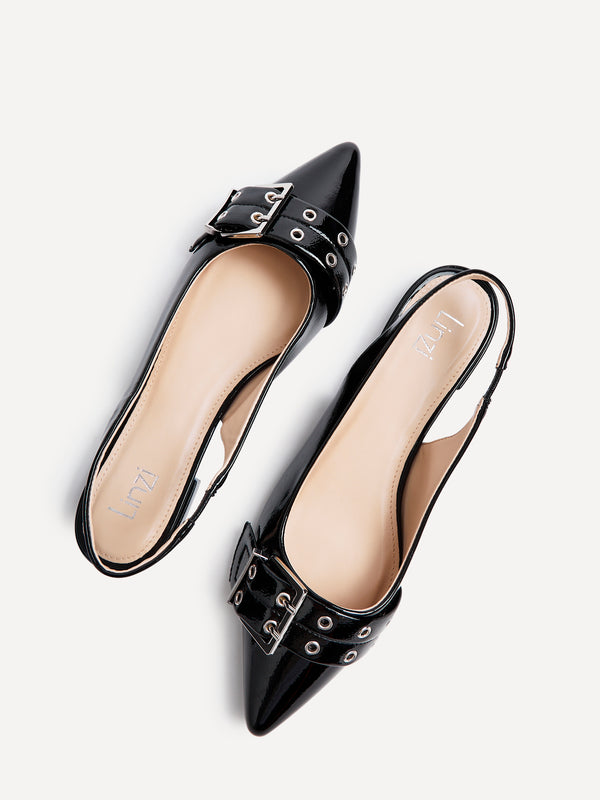 Linzi Black Patent Pointed Flat Shoes With Buckle Detail