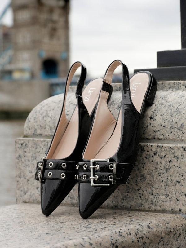 linzi Black Patent Pointed Flat Shoes With Buckle Detail