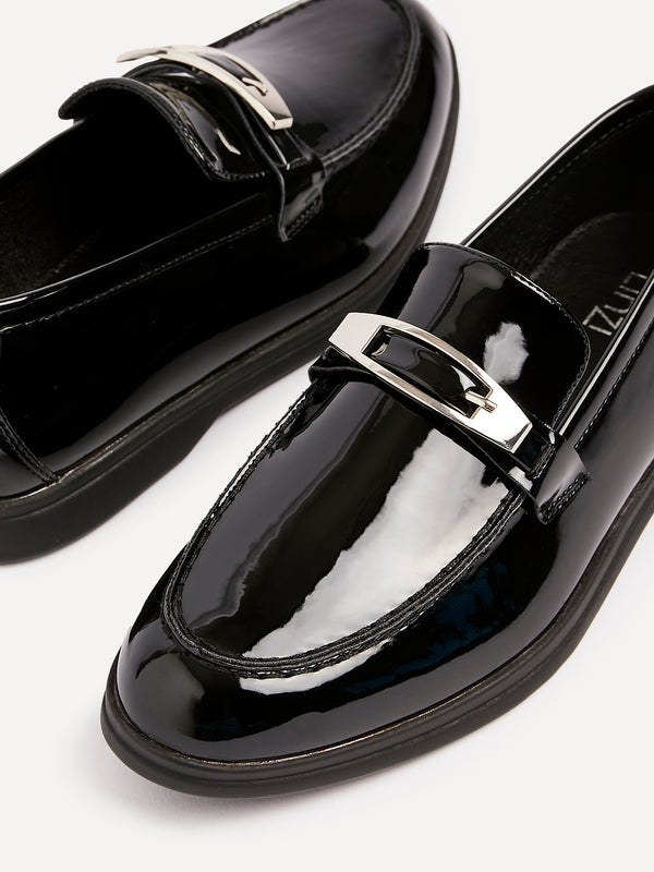linzi Black Patent Slip On Loafer With Buckle Detail