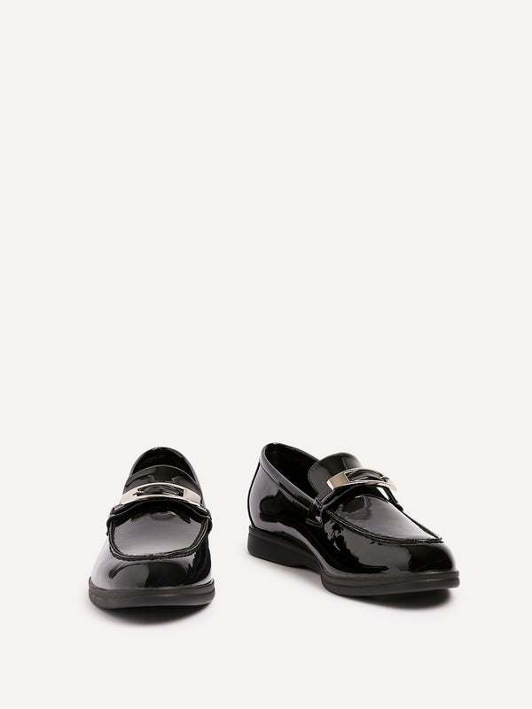 Linzi Black Patent Slip On Loafer With Buckle Detail