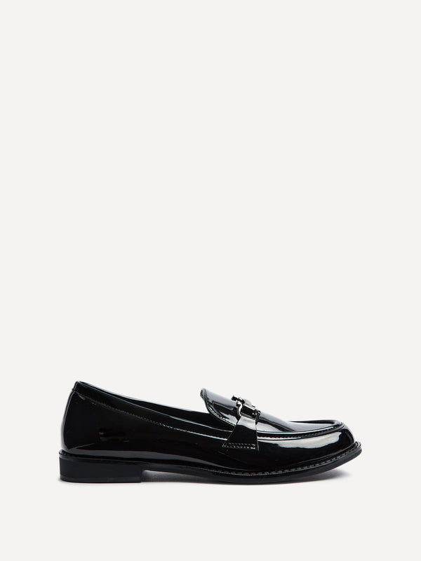 Linzi Black Patent Slip On Loafer With Front Tab Detail