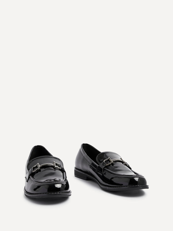 Linzi Black Patent Slip On Loafer With Front Tab Detail