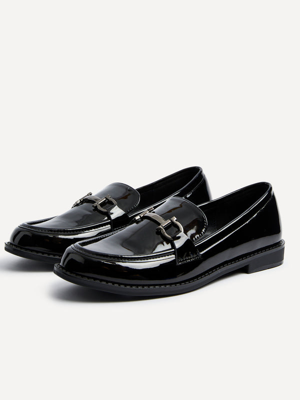 Linzi Black Patent Slip On Loafer With Front Tab Detail