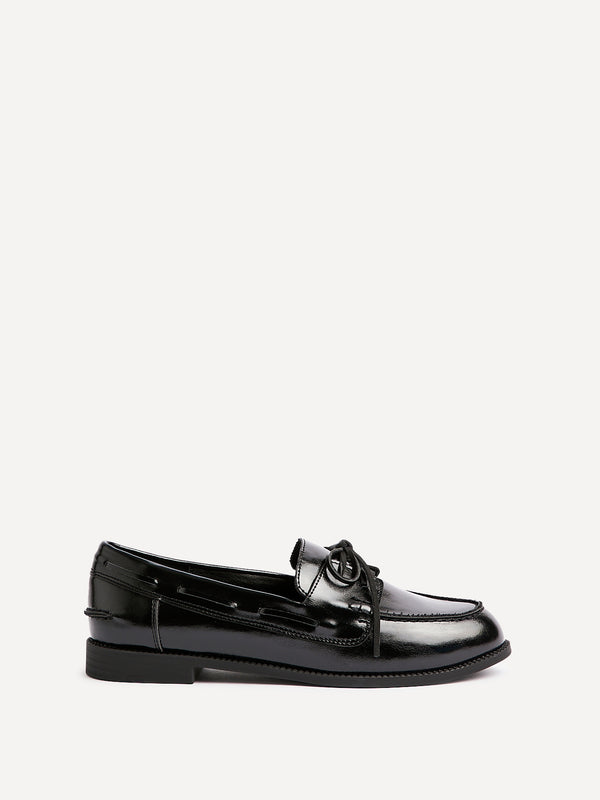 Linzi Black Patent Slip On Loafer With Lace Detailing