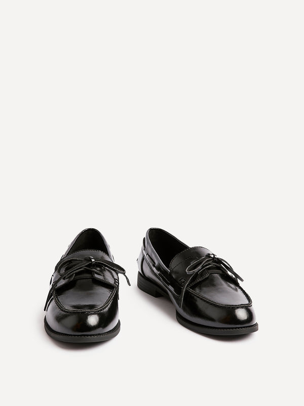 Linzi Black Patent Slip On Loafer With Lace Detailing