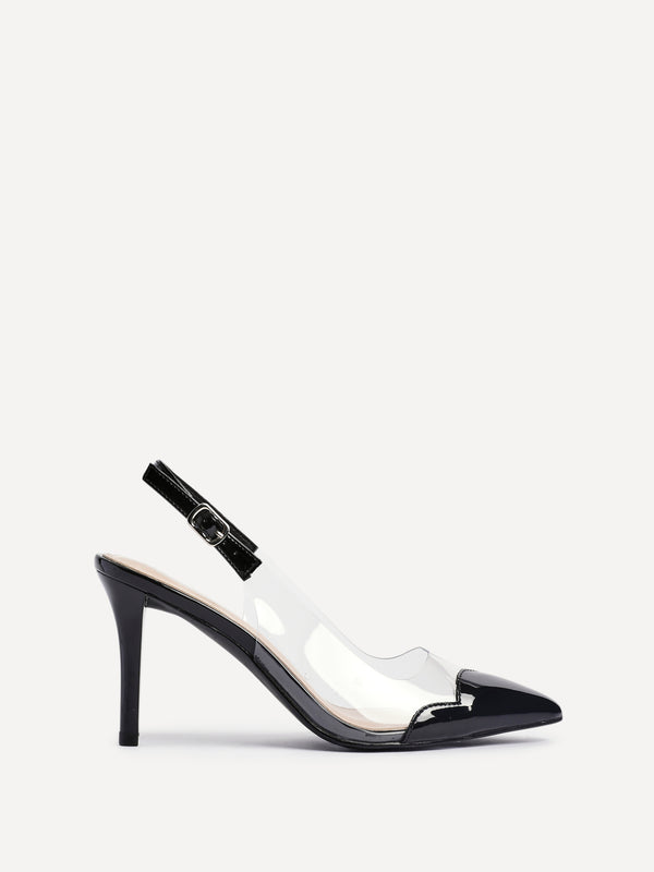 linzi Black Perspex Patent Mix Slingback Court Heels