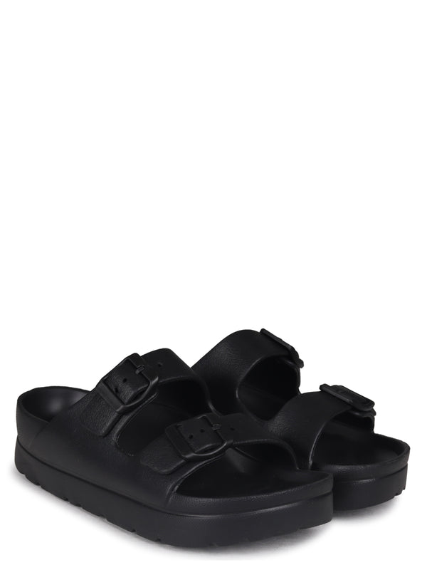 Linzi Black Platform Slip On Slider With Double Front Strap