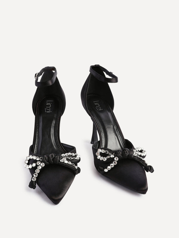 Linzi Black Satin Court Heel With Diamante Front Bow