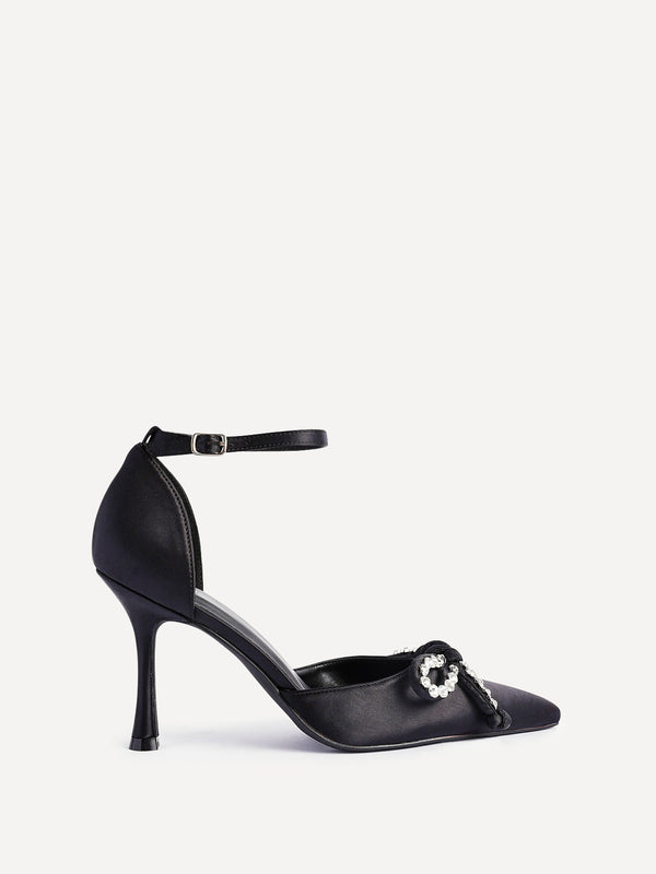 Linzi Black Satin Court Heel With Diamante Front Bow