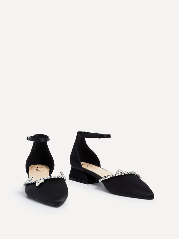 Linzi Black Satin Court Style Low Block Heel With Diamante Trim