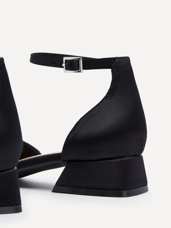Linzi Black Satin Court Style Low Block Heel With Diamante Trim
