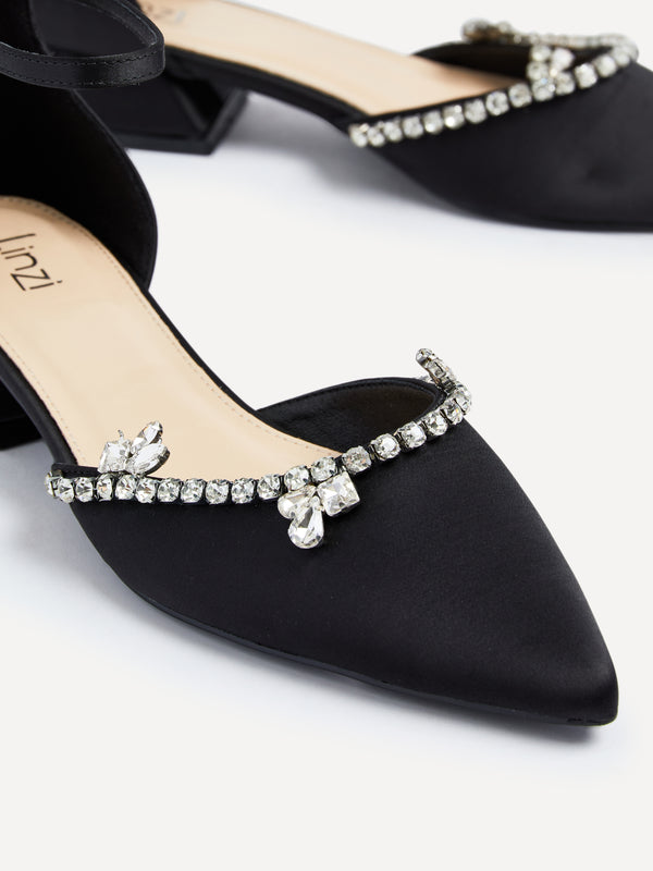 Linzi Black Satin Court Style Low Block Heel With Diamante Trim