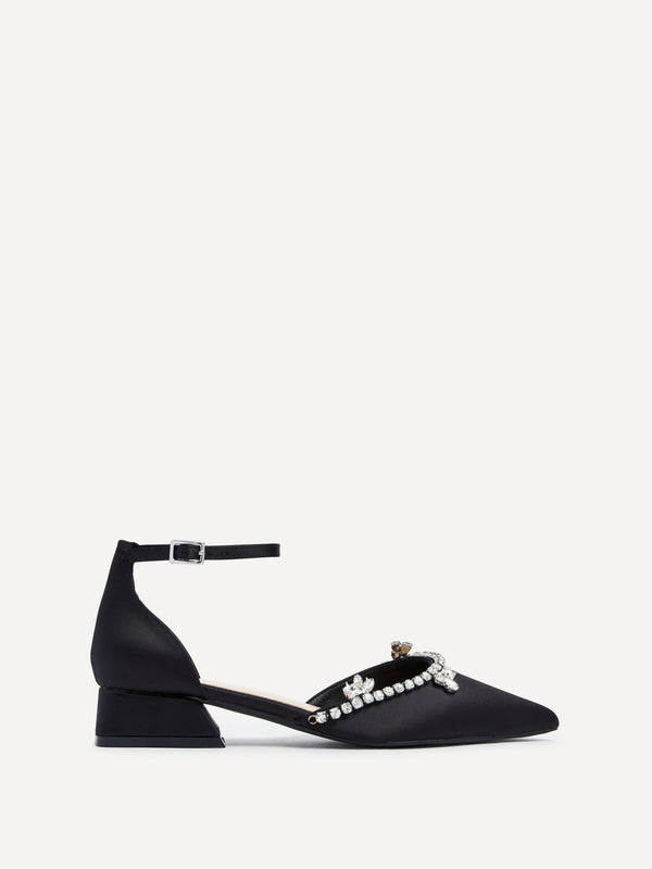 linzi Black Satin Court Style Low Block Heel With Diamante Trim