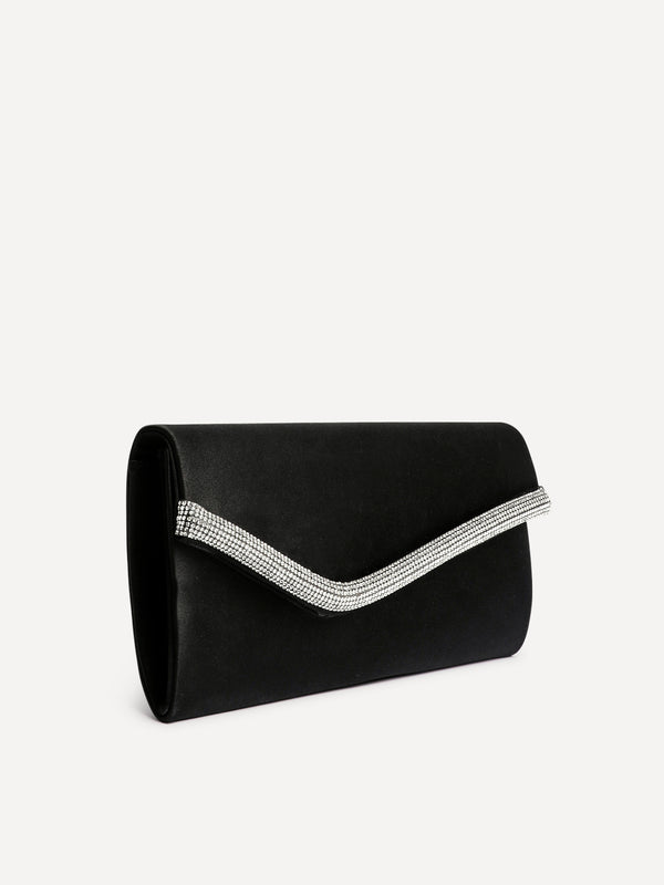 Linzi Black Satin Evening Envelope Clutch Bag With Diamante Tubing Trim