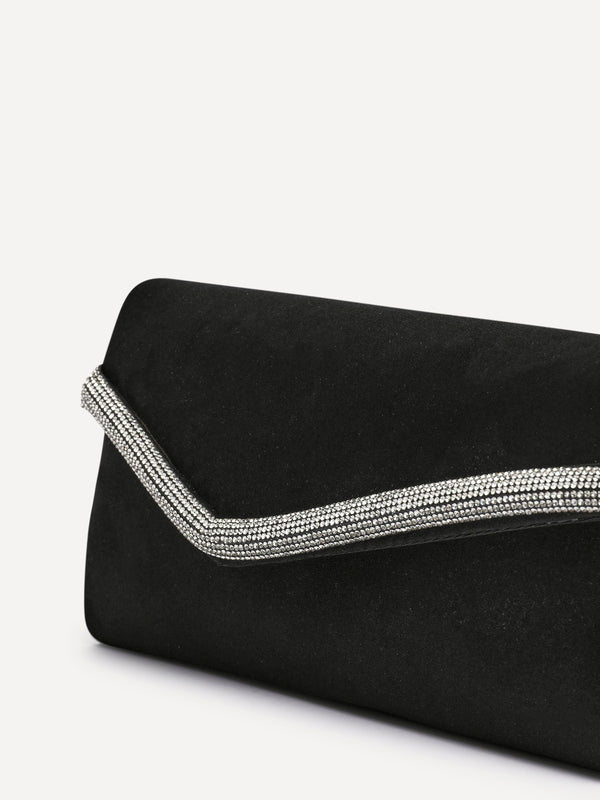 Linzi Black Satin Evening Envelope Clutch Bag With Diamante Tubing Trim