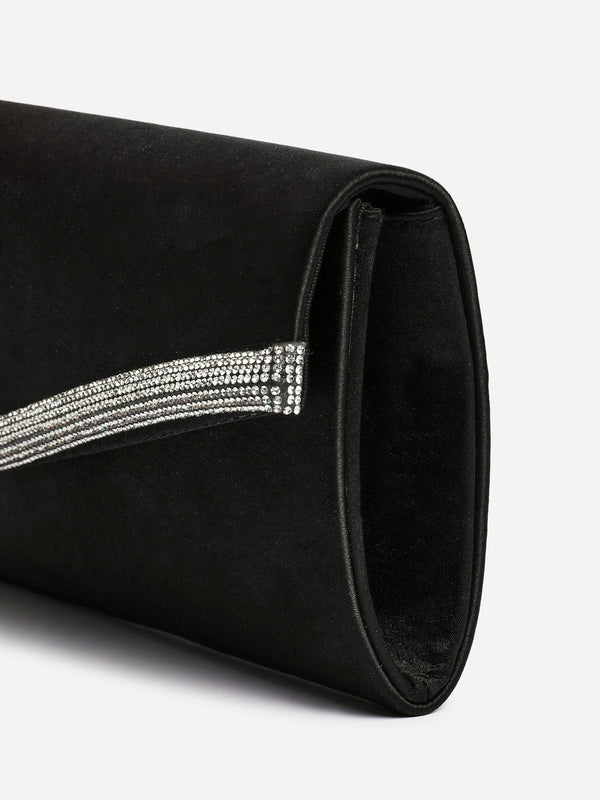 Linzi Black Satin Evening Envelope Clutch Bag With Diamante Tubing Trim