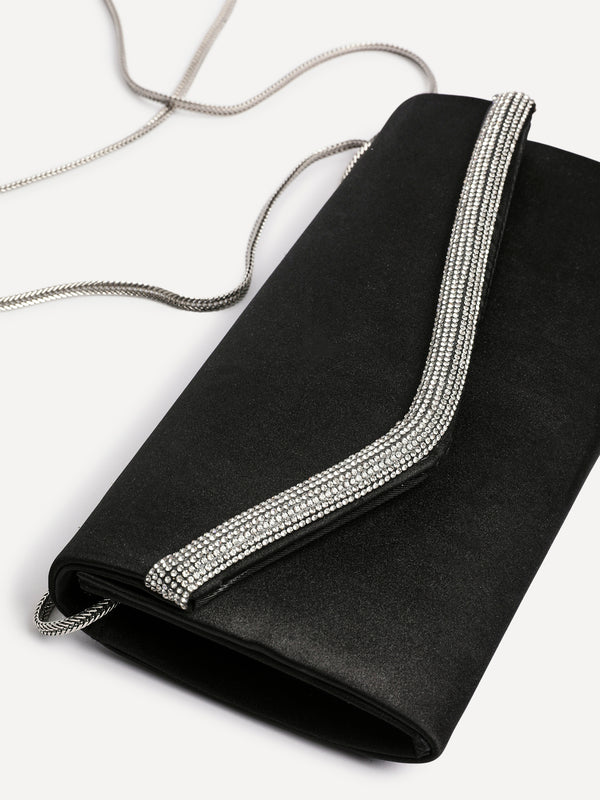 linzi Black Satin Evening Envelope Clutch Bag With Diamante Tubing Trim