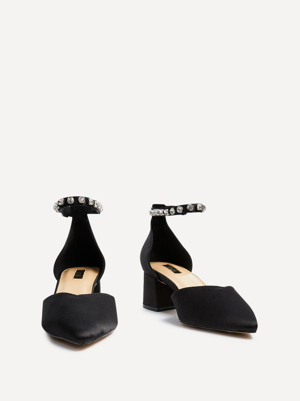 Linzi Black Satin Low Block Court Heel With Diamante Ankle Strap