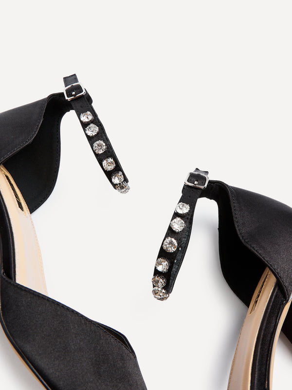 Linzi Black Satin Low Block Court Heel With Diamante Ankle Strap