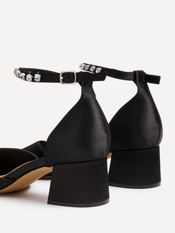 Linzi Black Satin Low Block Court Heel With Diamante Ankle Strap
