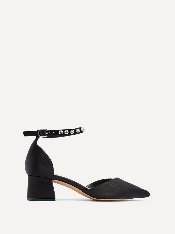 linzi Black Satin Low Block Court Heel With Diamante Ankle Strap
