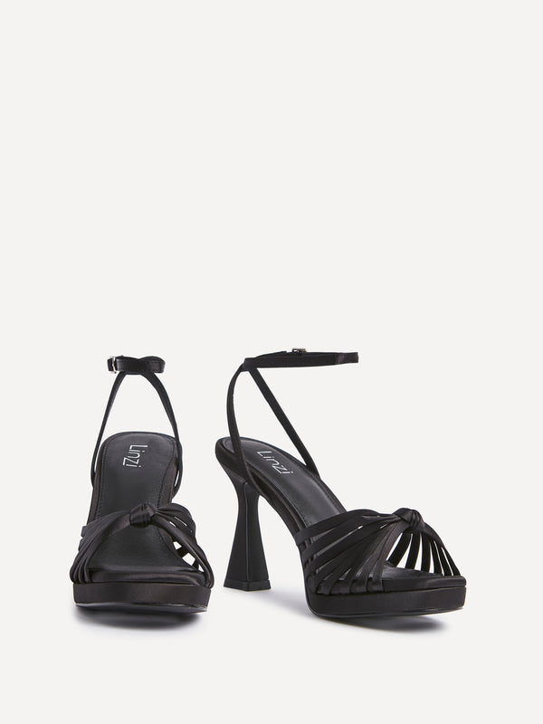 Linzi Black Satin Platform Heels With Knotted Front Strap