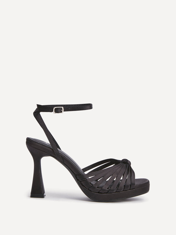 Linzi Black Satin Platform Heels With Knotted Front Strap