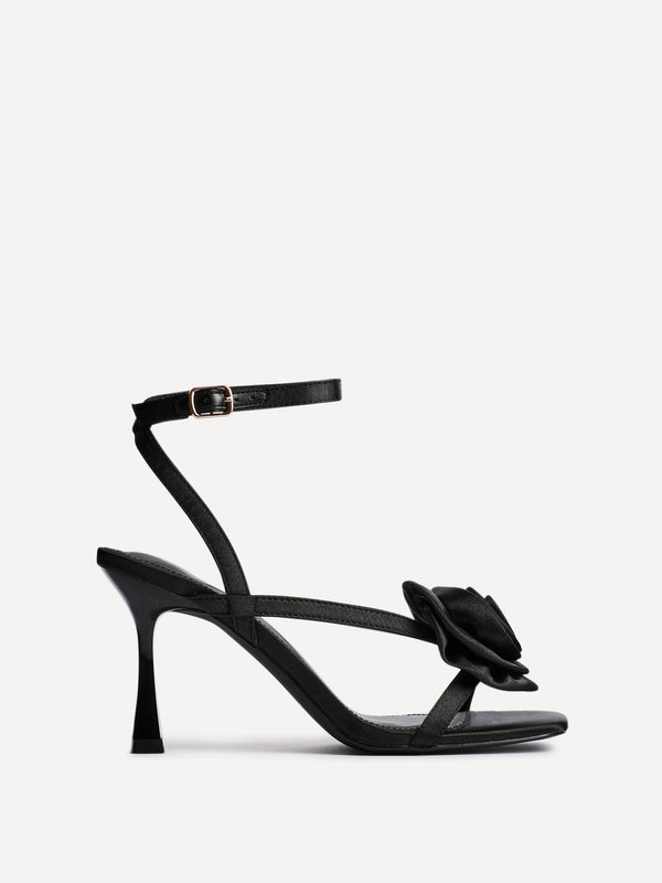 Linzi Black Satin Stiletto Heeled Sandals With Flower Detail